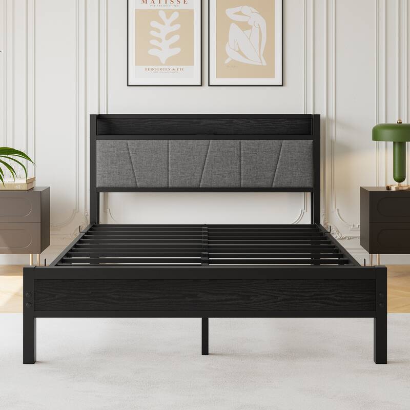 Queen Size Bed Frame with Storage Headboard, USB Ports, Charging Station, No Box Spring Needed