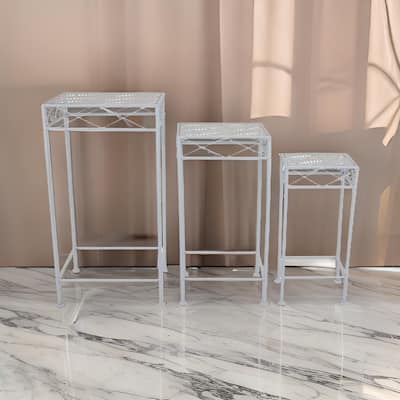 Kyi Nesting Plant Stand Set of 3, Square Carved Cutout Display, White Metal