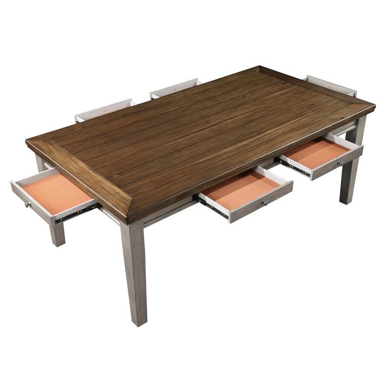 Trea 78 Inch Dining Table, 6 Drawers, Plank Top, 6 Seater, Gray, Brown