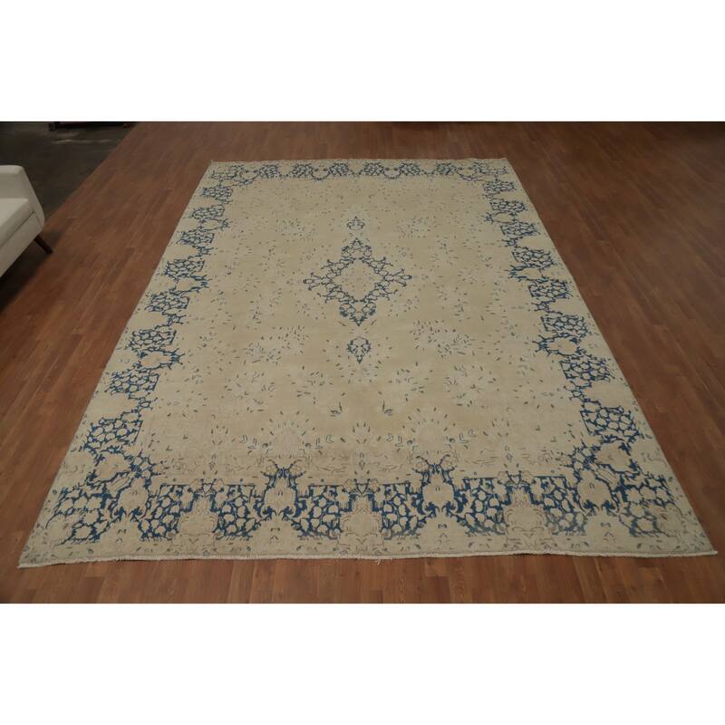 Hand Knotted Oriental 100% Wool Carpet Traditional Floral Beige & Ivories Kerman Area Rug - 12' 10'' X 9' 4''