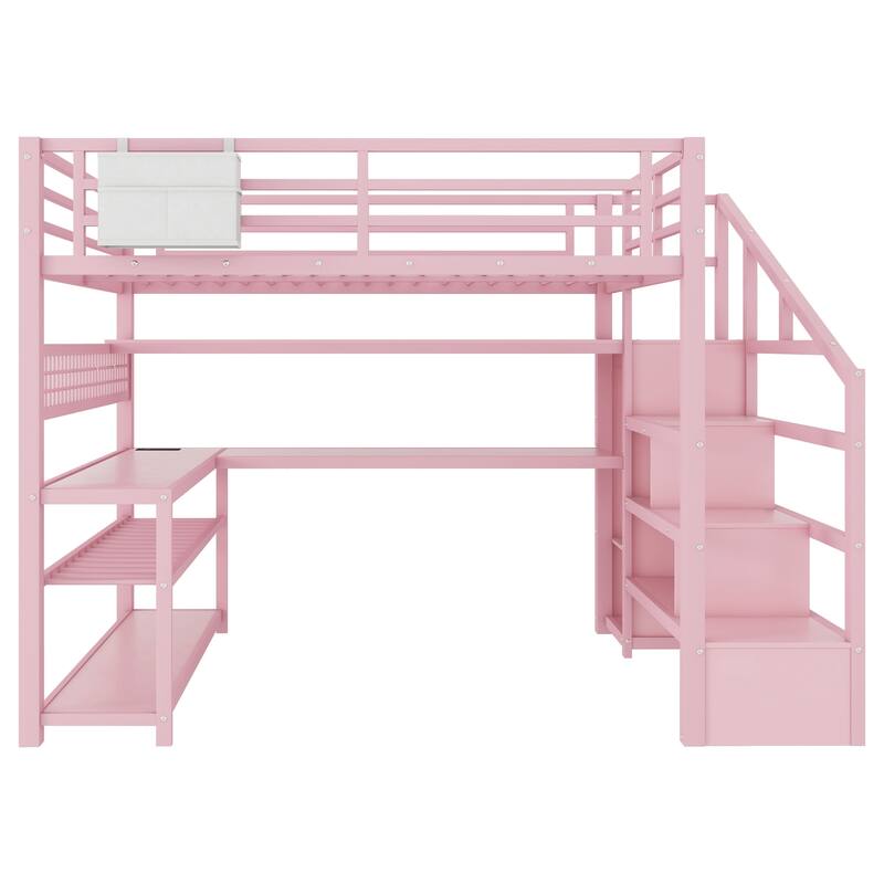 Roomfitters Full Metal Loft Bed, L-Shaped Desk and LED Staircase Wardrobe with Charging Station for Girls Bedroom