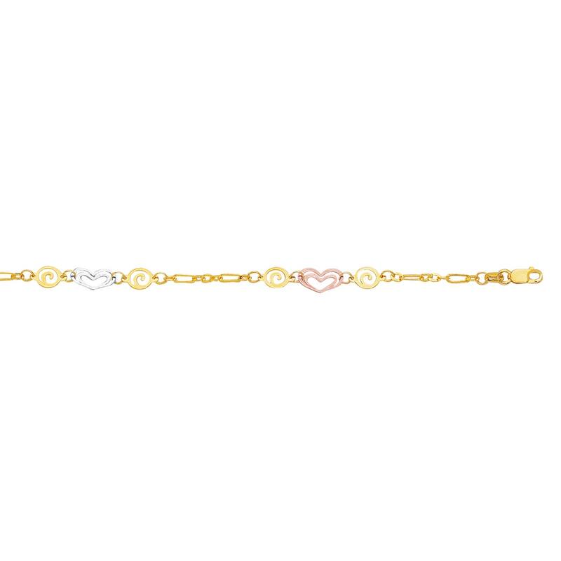 Curata 14K Tri-color Gold 10" Heart and Swirl Anklet