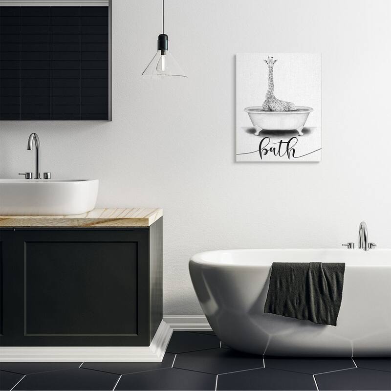 Stupell Giraffe in Bath Sketch Bathroom Cleanliness Sign Canvas Wall Art - Grey