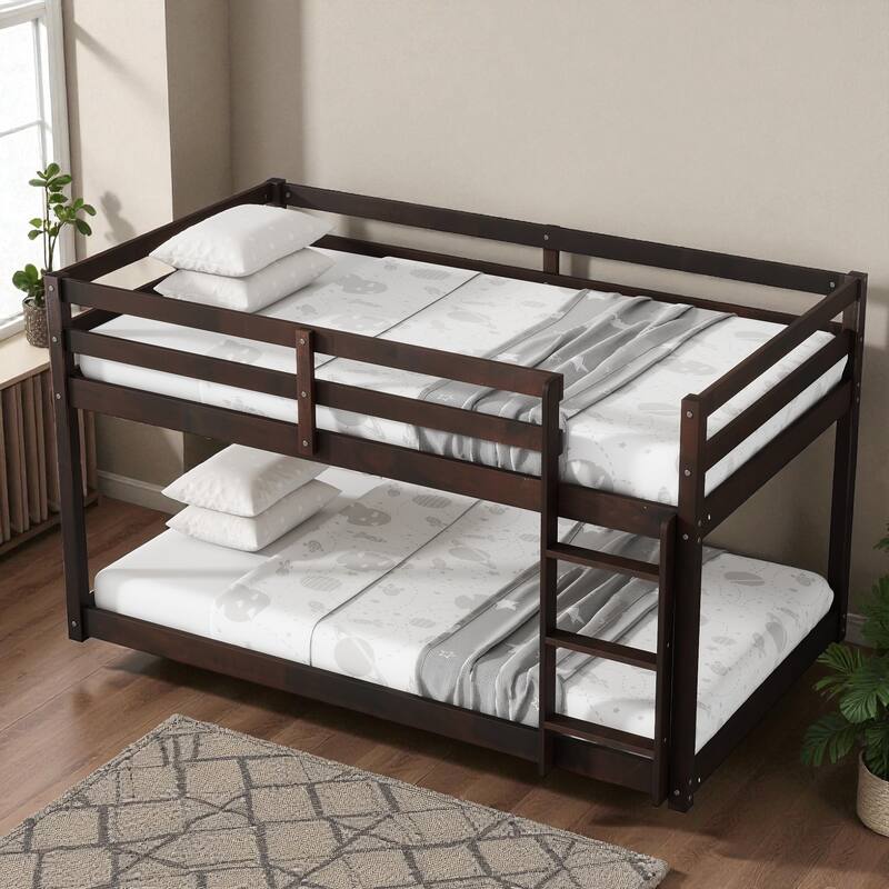Solid Rubber Wood Twin Over Twin Floor Bunk Bed with Ladder, Low Height Design and Strengthened Slat Support