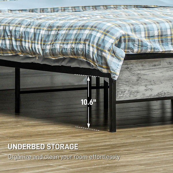 HOMCOM Queen Bed Frame With LED Lights & Charging Station - Cement Gray Industrial Style