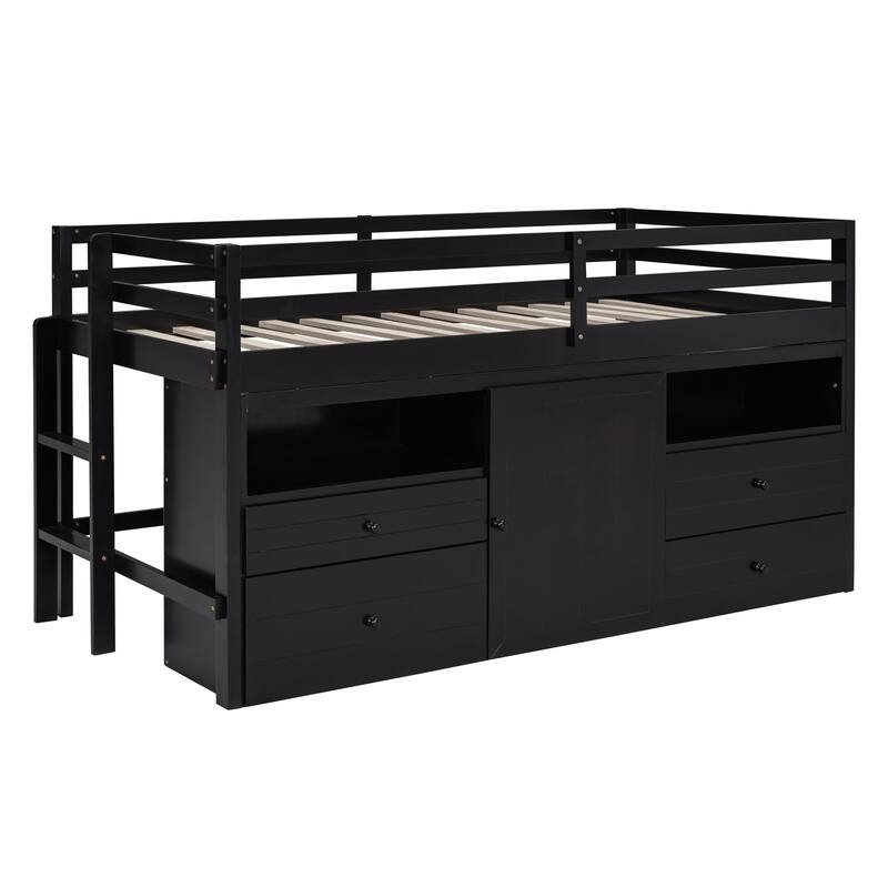 Espresso Twin Size Solid Wood Loft Bed with Drawers and Cabinet