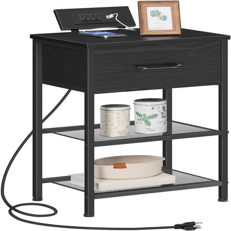 Nightstand with Charging Station End Tables with USB Ports Outlets - Black