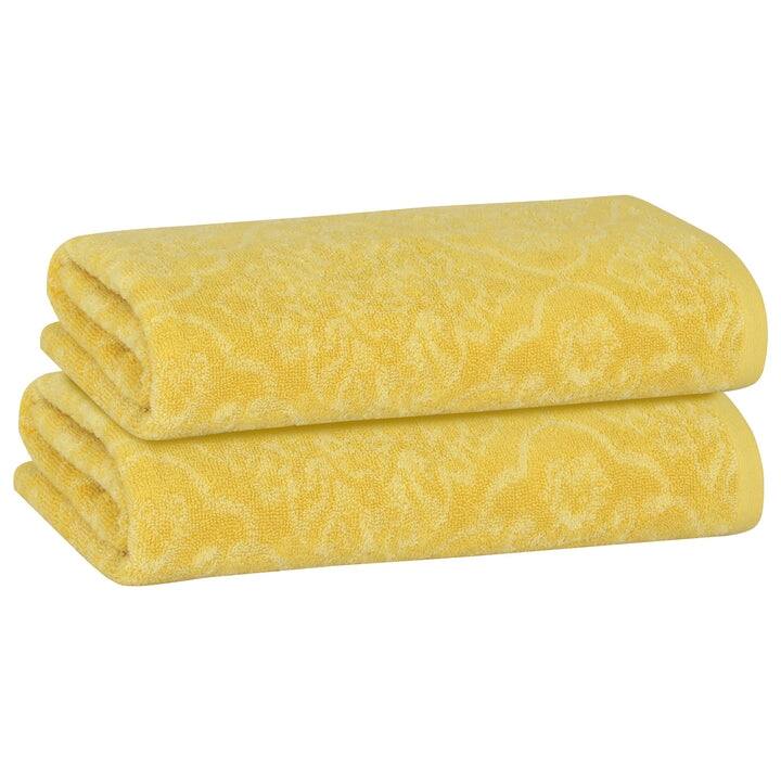 PREMIUS 2 Pack Damask 100% Cotton Yarn Dyed Bath Sheet, 32x64 Inches - 30x64 Inches - Yellow