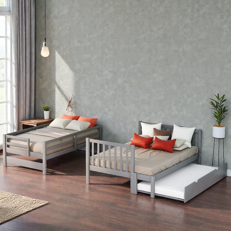 Twin over Full Bunk Bed with Twin Trundle and Storage Staircase, Solid Wood Space-Saving Bunk Frame