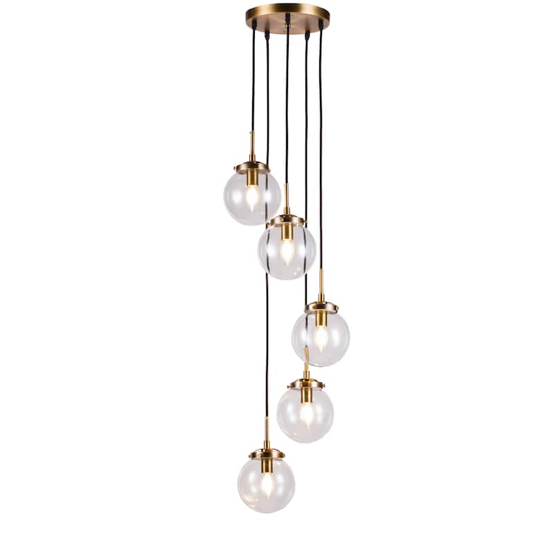 Modern Staircase Globe Bubble Glass Linear Chandelier 5-Lights Corner Pendant Light - H 59" - Painted Brass