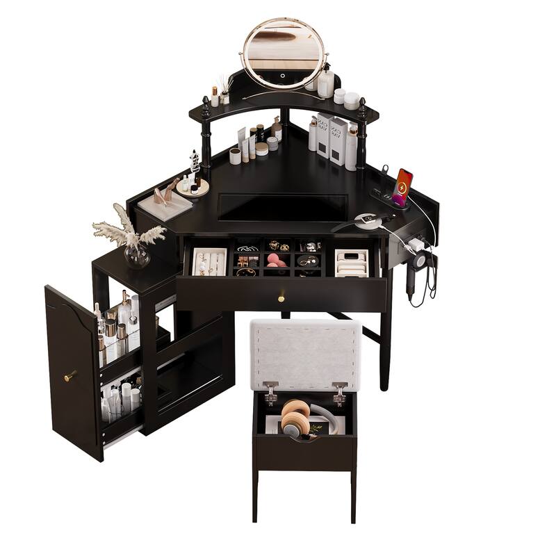Corner Makeup Vanity Set with Stool & Charging Station, Glass Tabletop Triangle Vanity Dressing Table with Pull-Out Side Cabinet