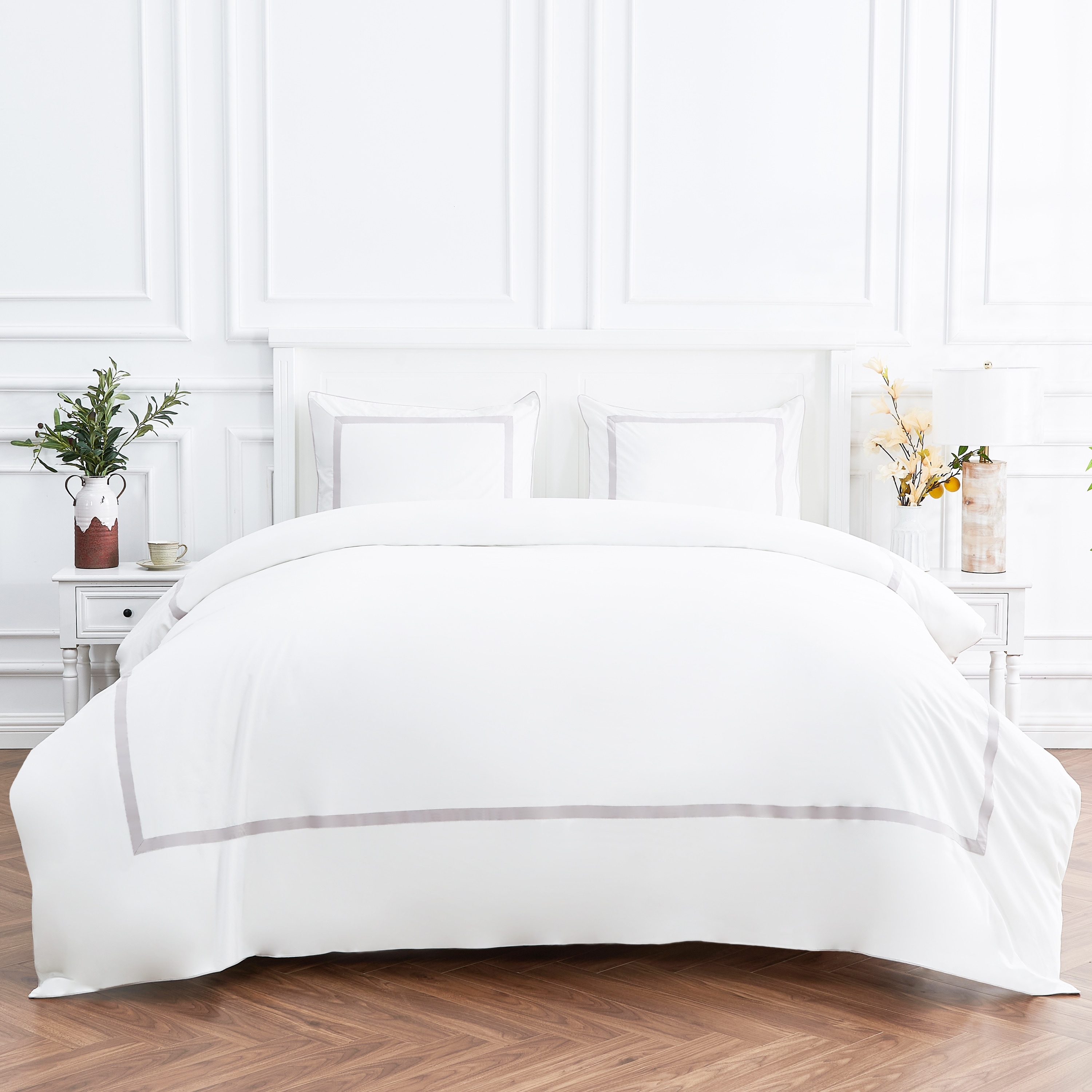 Cotton Percale Hotel Border Piping Grey Duvet Cover Set