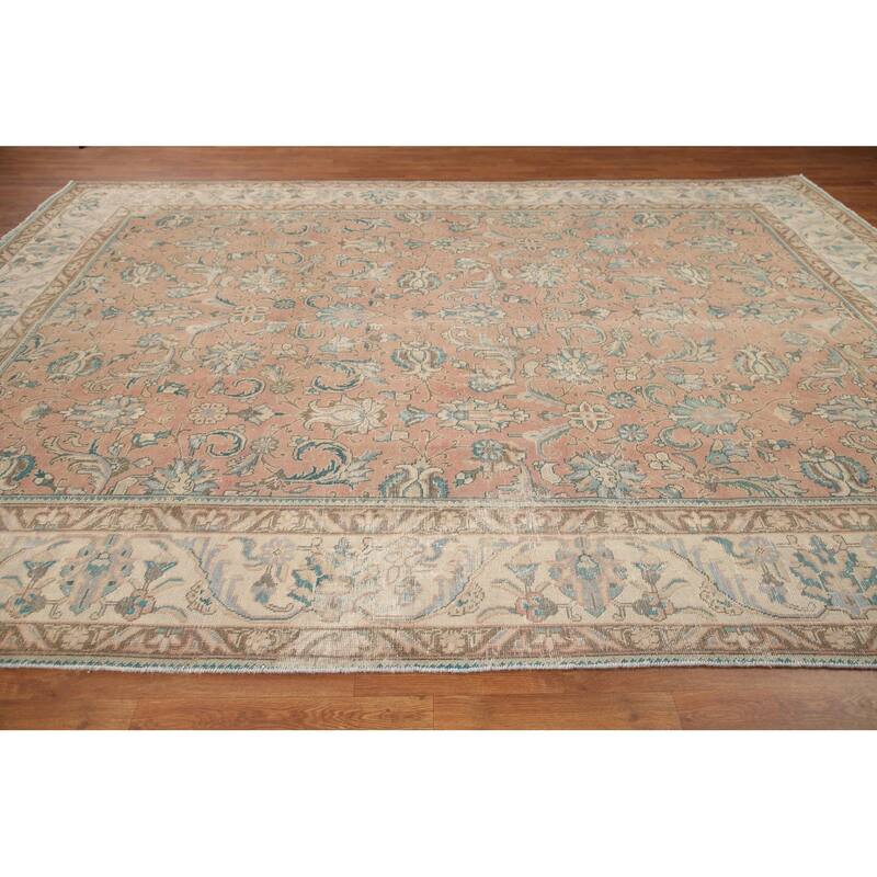 Hand Knotted Oriental 100% Wool Carpet Traditional All-Over Pink Tabriz Area Rug - 12' 4'' X 9' 2''