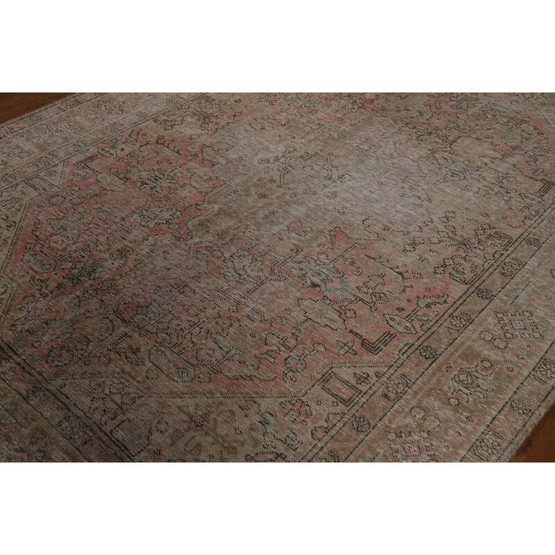 Pink Geometric Tabriz Persian Vintage Rug Hand-Knotted Wool Carpet - 6'8" x 9'2"