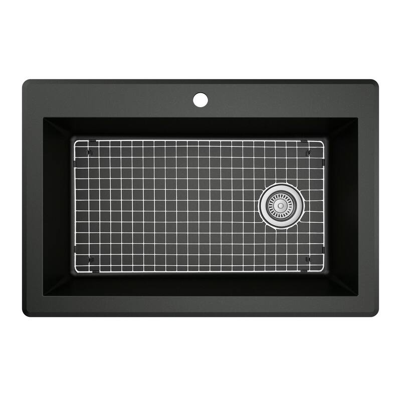 Karran All in One Drop-In Quartz Composite 33 in. Single Bowl Kitchen Sink in Black with Faucet KKF220 in Stainless Steel