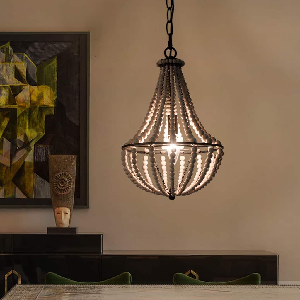 Farmhouse 1-Light Wood Beaded Mini Chandelier Boho Pendant for Kitchen Island - Dia. 10" x H 15"