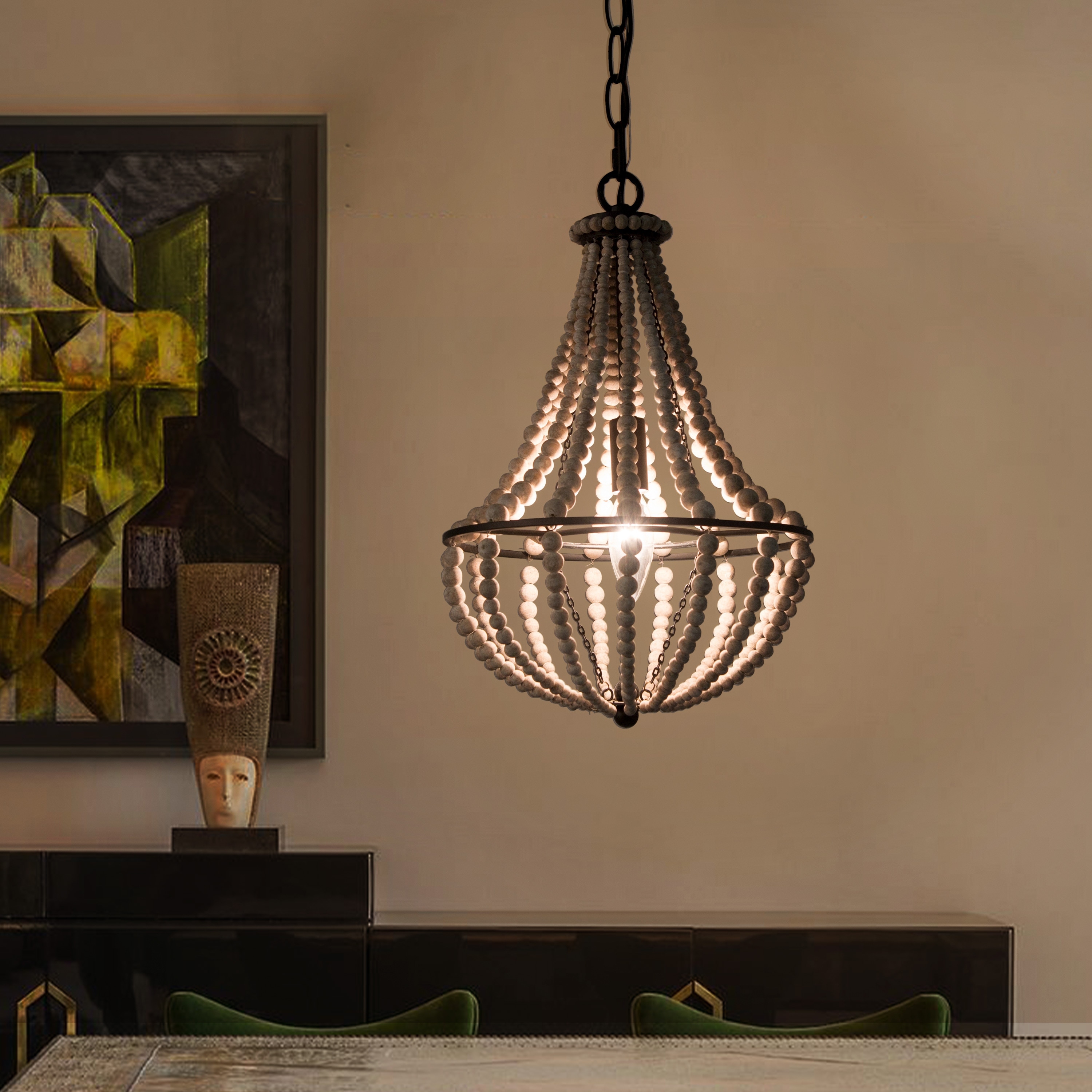Farmhouse 1-Light Wood Beaded Mini Chandelier Boho Pendant for Kitchen Island - Dia. 10" x H 15"
