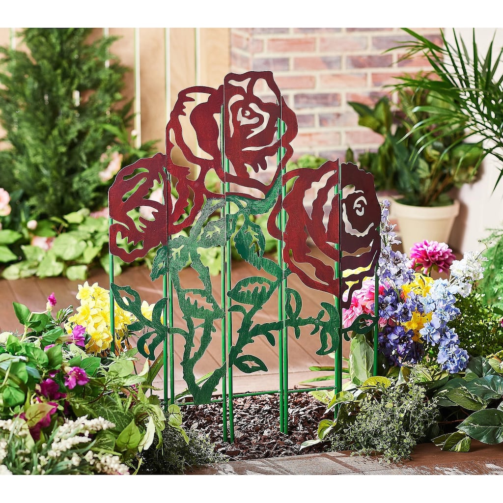 34 in. x 25 in. Metal 5 Panel Garden Stake, Rose