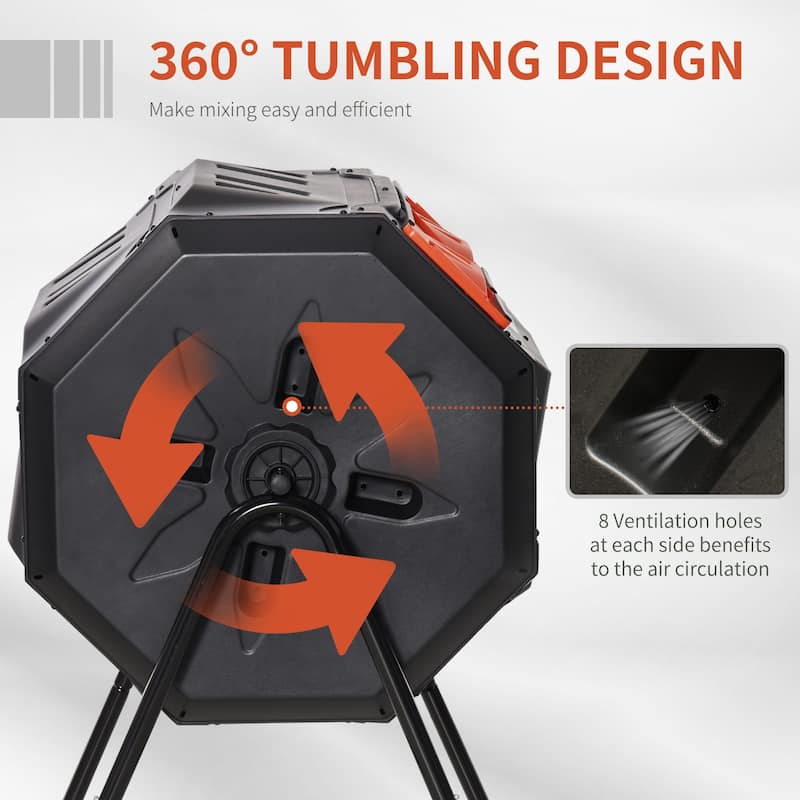 Outsunny Tumbling Compost Bin Outdoor Dual Chamber 360-deg Rotating Composter 43 Gallon w/ Sliding Doors & Solid Steel Frame