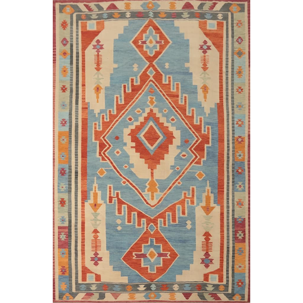 Hand Woven Oriental 100% Wool Carpet Southwestern Medallion Navy Blue & Blues Kilim Area Rug - 13' 2'' X 9' 10''