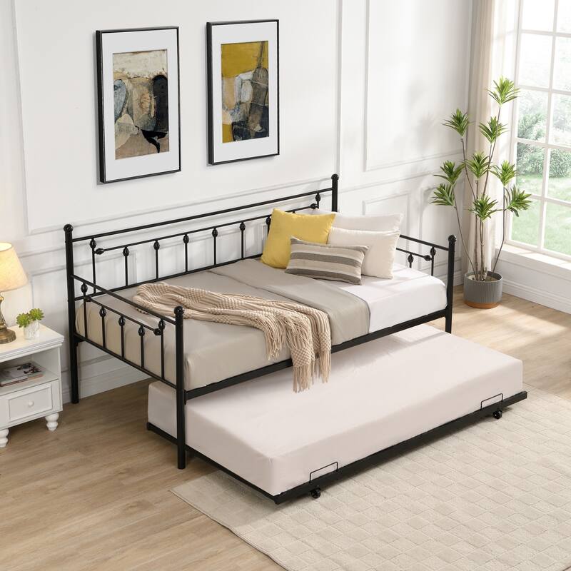 Modern Twin Size Metal Daybed with PullOut Trundle 2in1 Sofa Bed