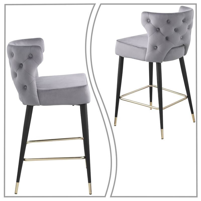 Mid-Century Modern Velvet Upholstered Barstools with Black Metal Legs