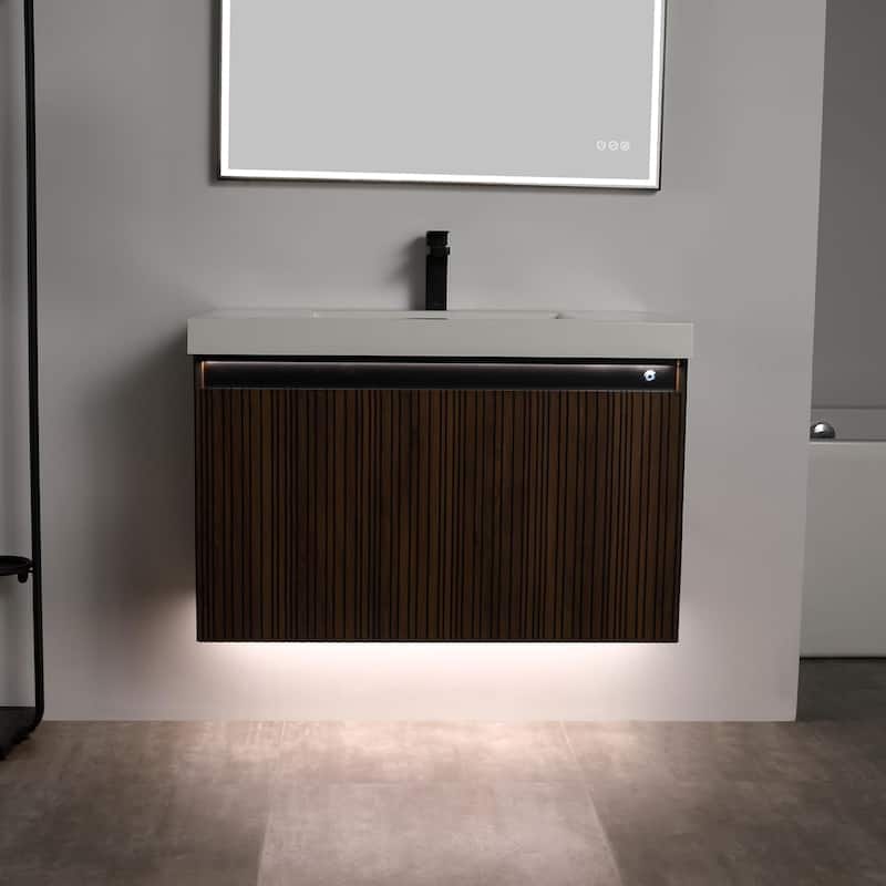 Blossom Lille Brown Walnut Floating Vanity with LED & Acrylic Sink