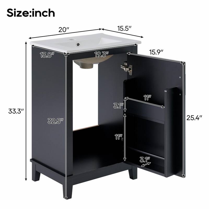 Modern 20-Inch Small Bathroom Vanity Cabinet with Ceramic Basin
