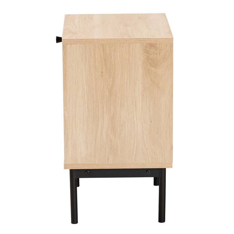 Sherwin Mid-Century Modern Light Brown and Black 1-Drawer End Table with Woven Rattan Accent