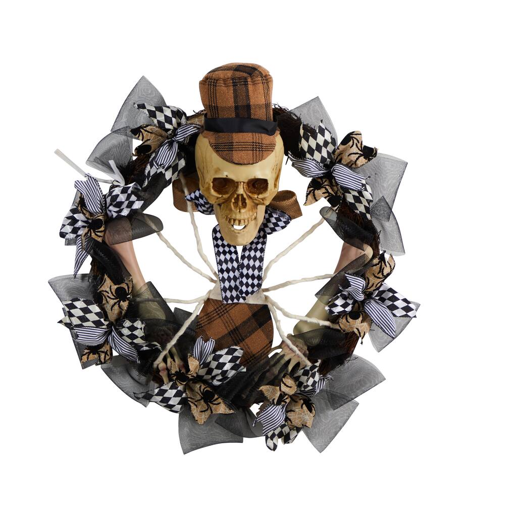 Skull in Plaid Mesh Artificial Halloween Wreath, 24-Inch, Unlit