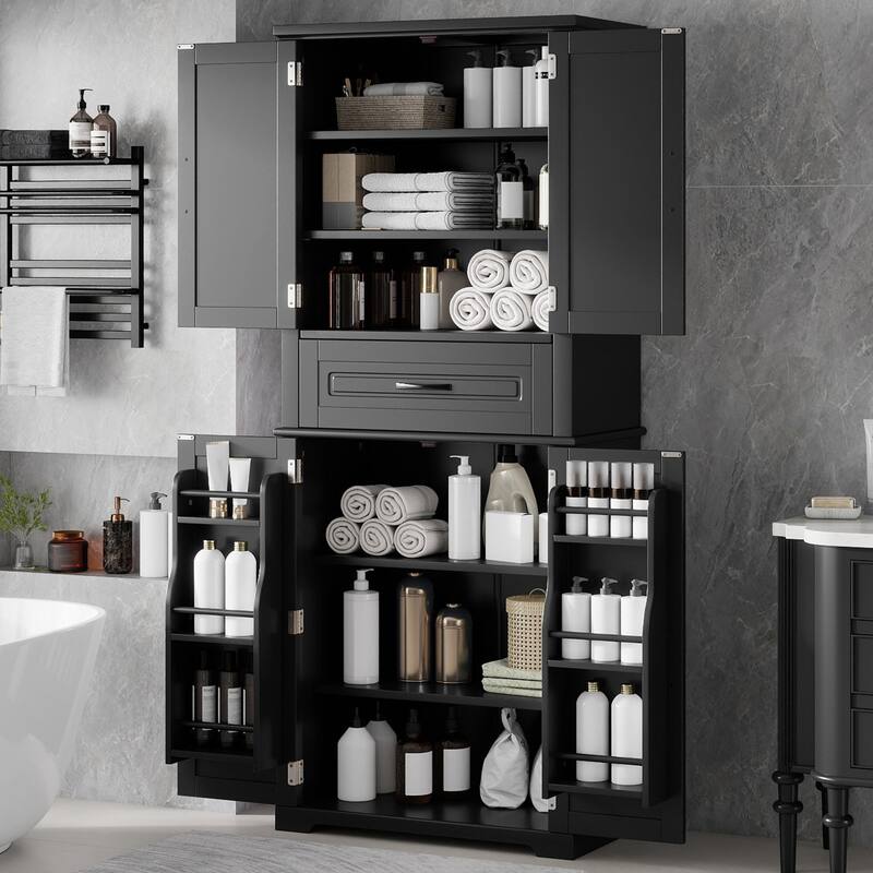 Bathroom Storage Cabinet - Multifunctional Organizer with Slide Rail Drawer & Adjustable Shelf - Black