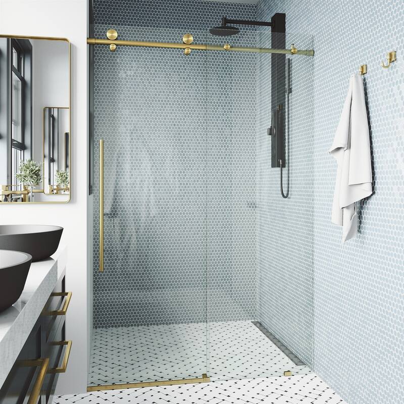 VIGO Elan E-Class Frameless Sliding Shower Door - 48" to 52" W x 76" H - Matte Brushed Gold