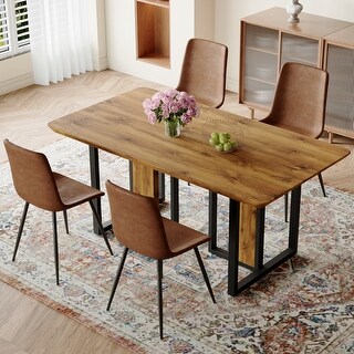 5 Piece Dining Table Set, 67" Wood Rectangular Table with 4 Brown Suede ...