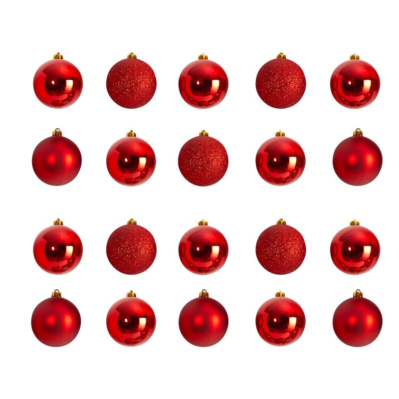 Shatterproof 3-Finish Christmas Ball Ornaments 3" (80mm) - Red - 20ct