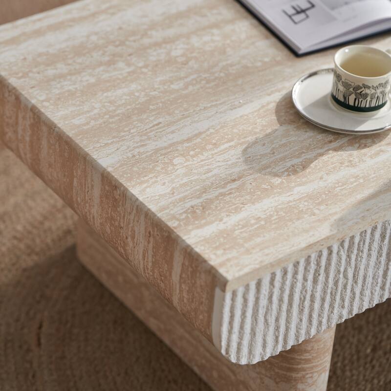 Coffee Table with Faux Marble Tabletop, Mid Century Modern Coffee Table with Fluted Drawer, Coffee Table for Living Room