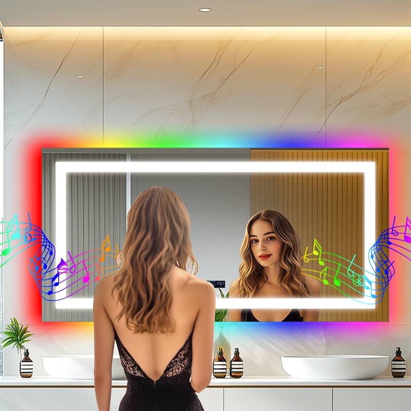 Smart Colorful RGB LED Illuminated Fog-free Extra Large Bathroom Mirror with Bluetooth Speakers, Digital Display