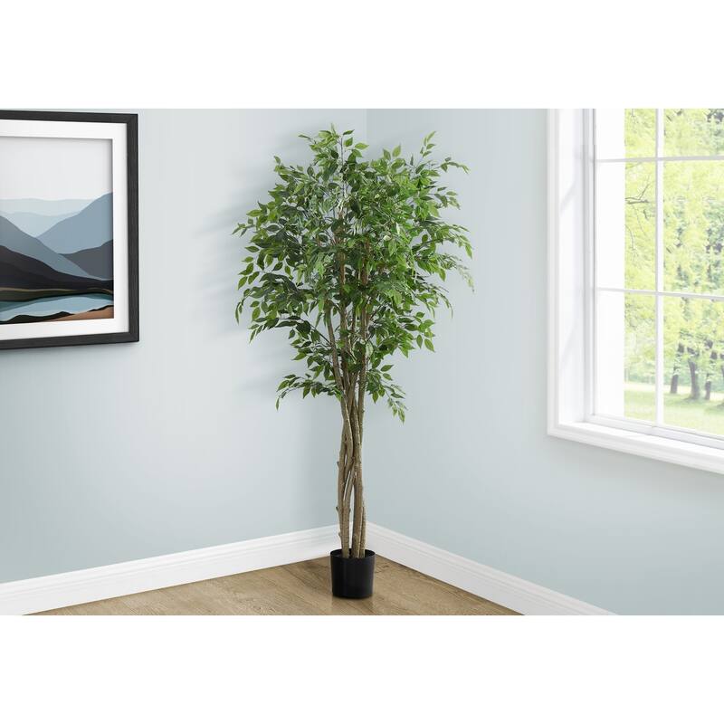 Artificial Plant, 79" Tall, Ficus Tree, Floor, Real Touch, Potted, Green Leaves, Black Pot