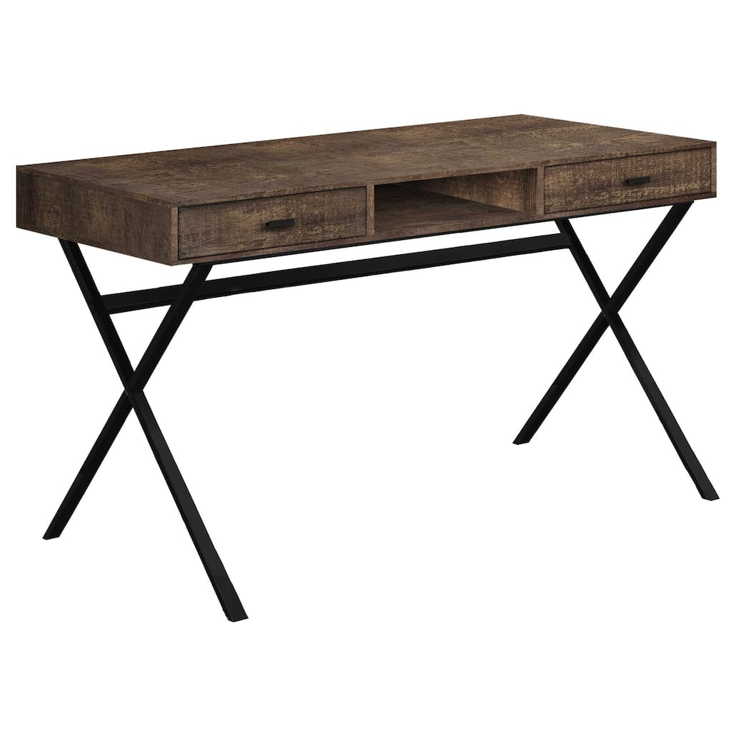 Wood Computer Desk with Metal Base, 2 Drawers and Rectangular Design