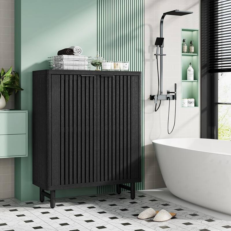 6-Tier Bathroom Floor Cabinet 2 Shutter Doors Adjustable Shelves Wooden Storage Sideboard for Kitchen/Living Room