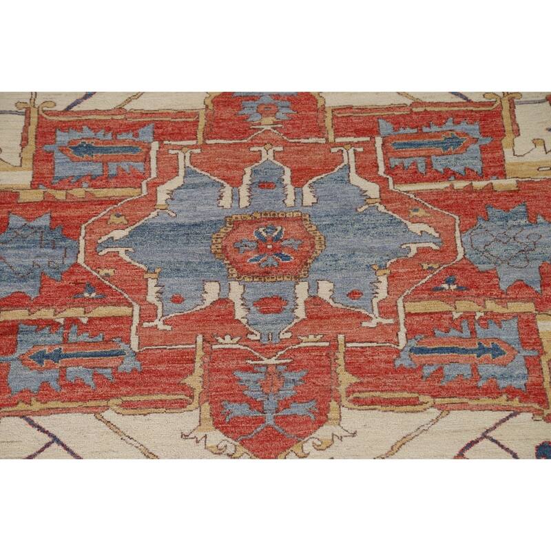 Hand Knotted Oriental 100% Wool Carpet Traditional Medallion Beige & Ivories Heriz (serapi) Area Rug - 11' 10'' X 9' 2''