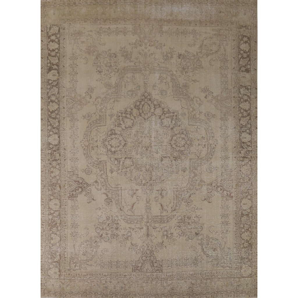 Tabriz Persian Vintage Rug Hand-Knotted Traditional Beige Wool Carpet - 9'9"x 12'6"