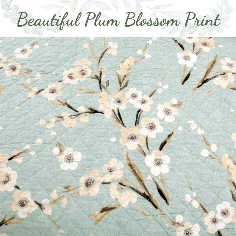 Cozy Line Cream Cherry Blossom Floral Cyan Blue Green Quilt Bedding Set