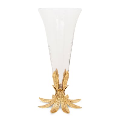 Glass Vase on Gold Leaf Base - 7.5"L x 6.75"W x 15.25"H - 7.5"L x 6.75"W x 15.25"H