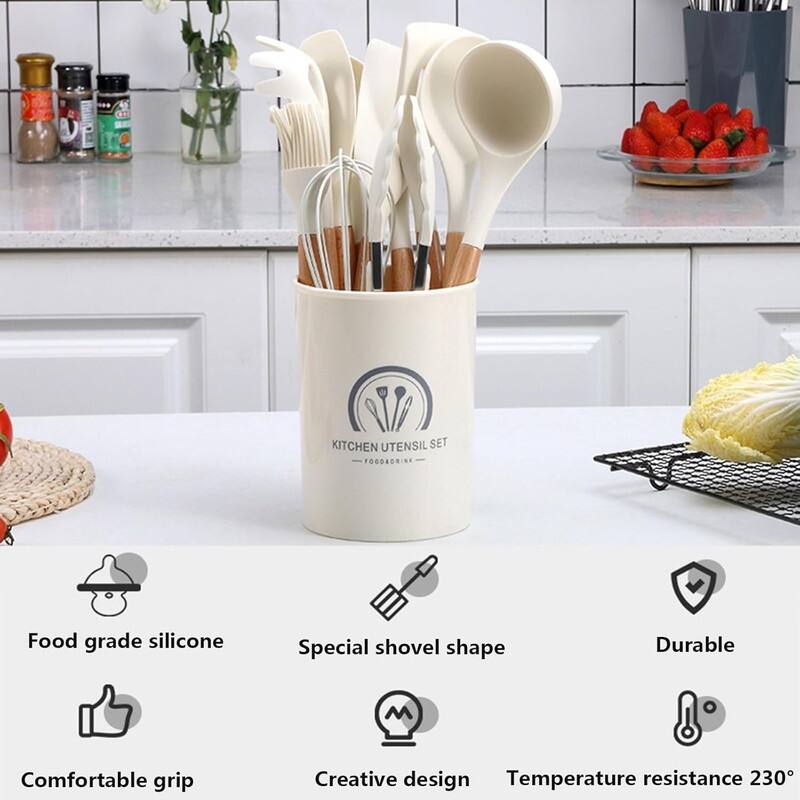 Non Stick Silicone Kitchen Utensils with Wood Handles set of 47 pc