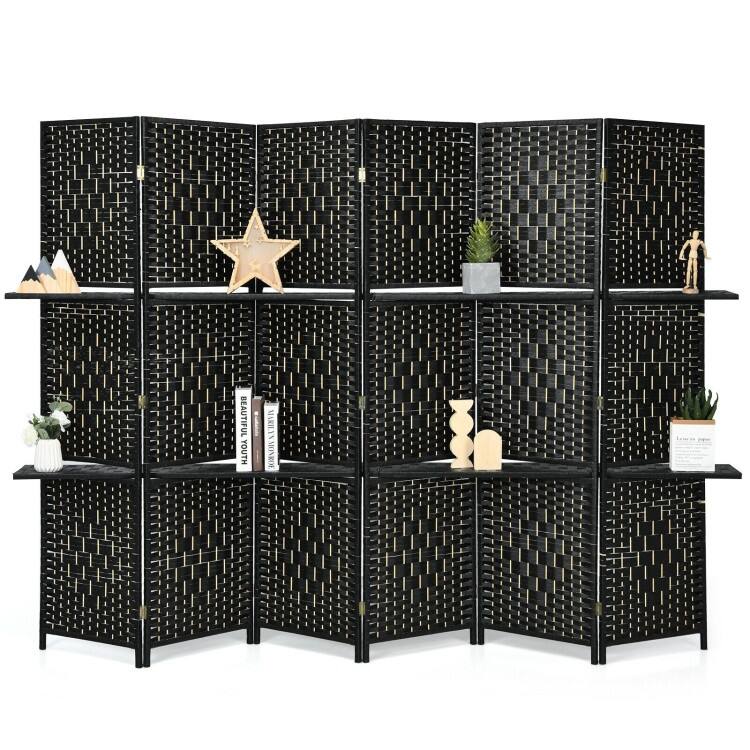 6 Panel Folding Weave Fiber Multipurpose Room Divider with 2 Display Shelves - 95" x 71" (L x H) - Black