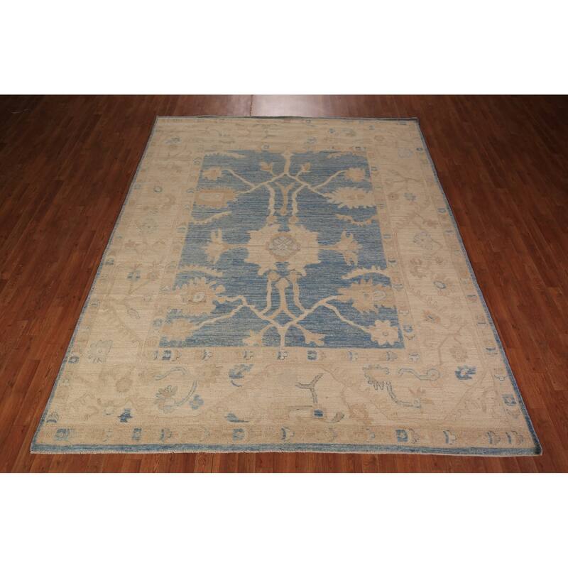 Vegetable Dye Blue Oushak Turkish Area Rug Hand-Knotted Wool Carpet - 8'2" x 9'11"