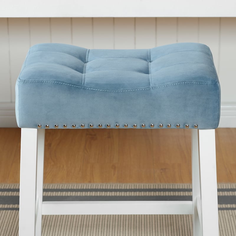 Roundhill Furniture Morovo Set of 2 Velvet Counter Height Stools with Tufted Saddle Seats, White-Wash Finish