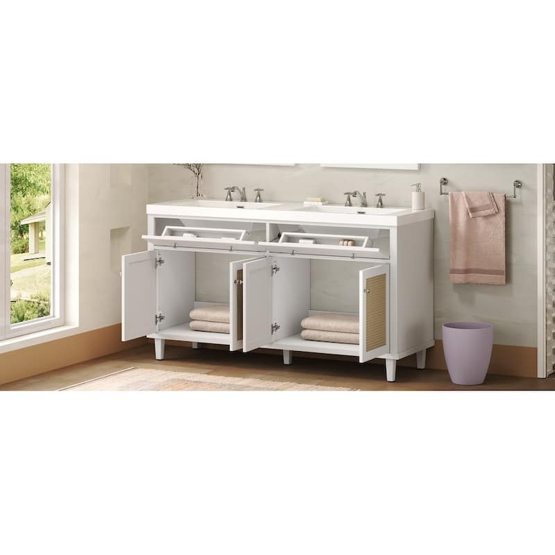 Christopher Knight Home - Bellmere 60" Modern Double Sink Bathroom Vanity with SMC Sink, Soft-Close Storage, and Solid Wood Legs