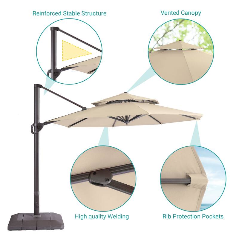 BONOSUKI 11Ft Double Top Aluminum Cantilever Patio Umbrella with Base for Patio Deck Garden, Red