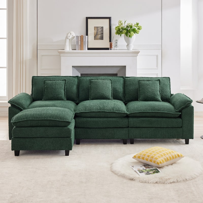 Modular Chenille Sectional Sofa with Ottomans, Deep Seat, Wide Padded Armrests, 2-Seat / 3-Seat / 4-Seat Options - Olive/3 Seats with 1 Ottoman - Reversible